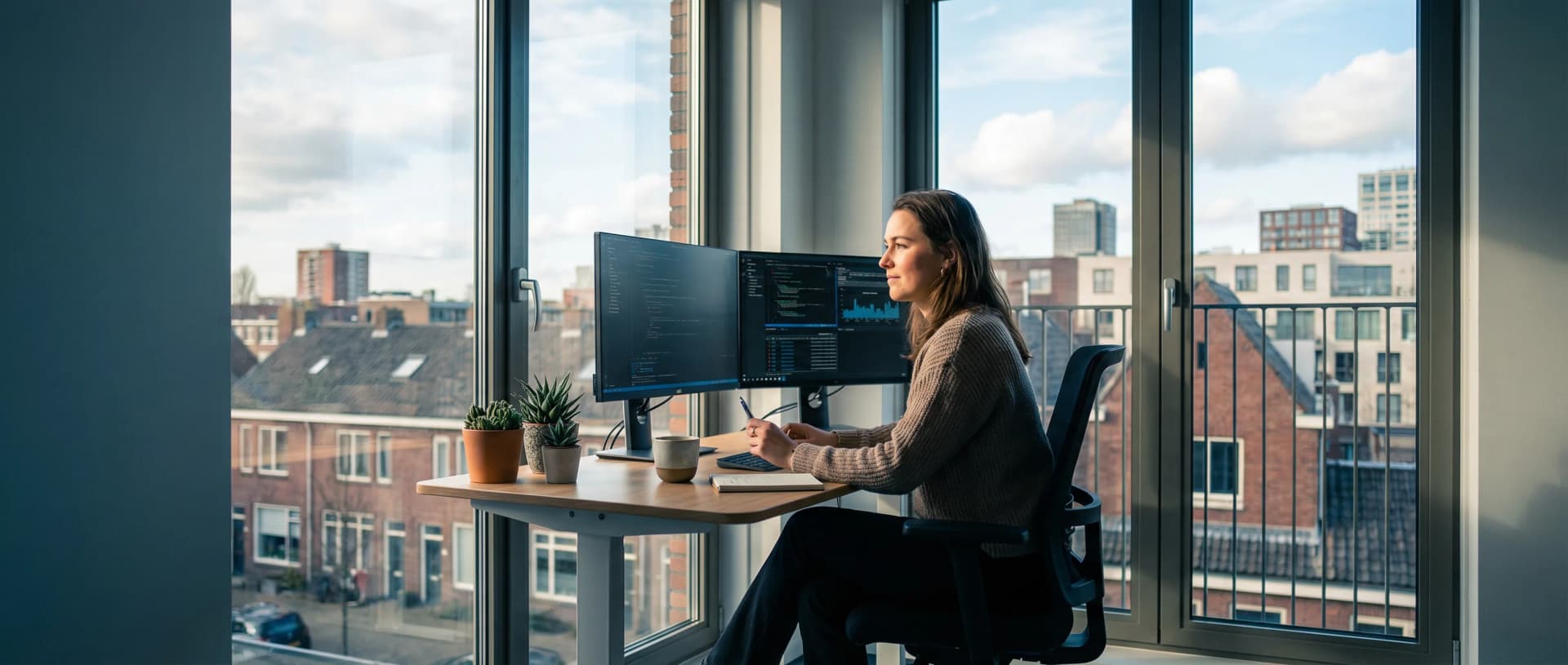 AI professional werkt vanuit thuiskantoor met uitzicht op Rotterdam