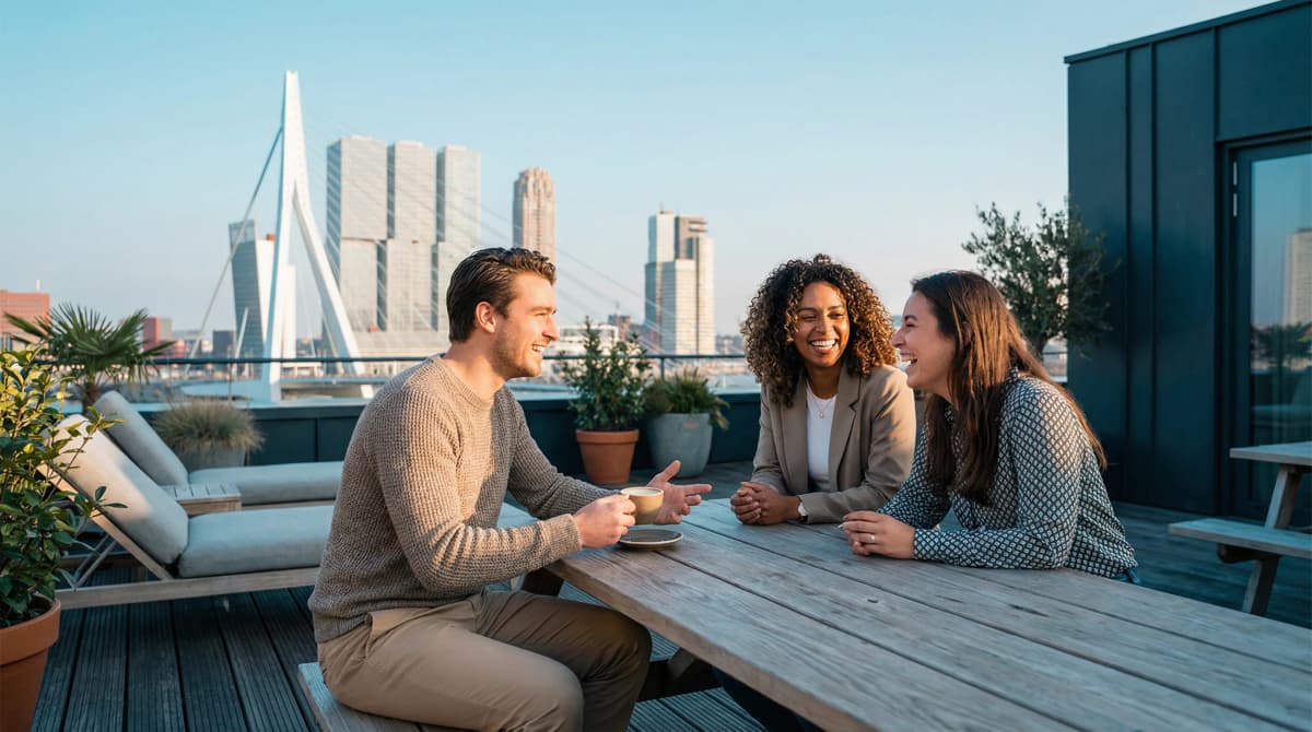 WAINUT AI professionals op dakterras met uitzicht op Erasmusbrug Rotterdam
