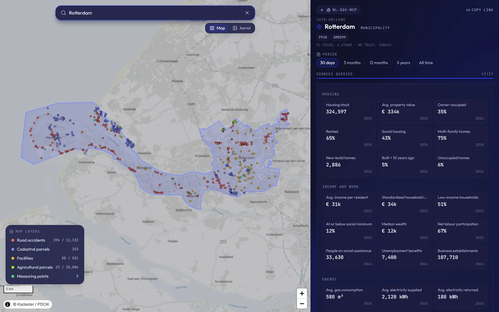 Screenshot of the location map on nlgovmcp.nl for Rotterdam, with road accidents, parcels and facilities on the map and an area profile with CBS key figures