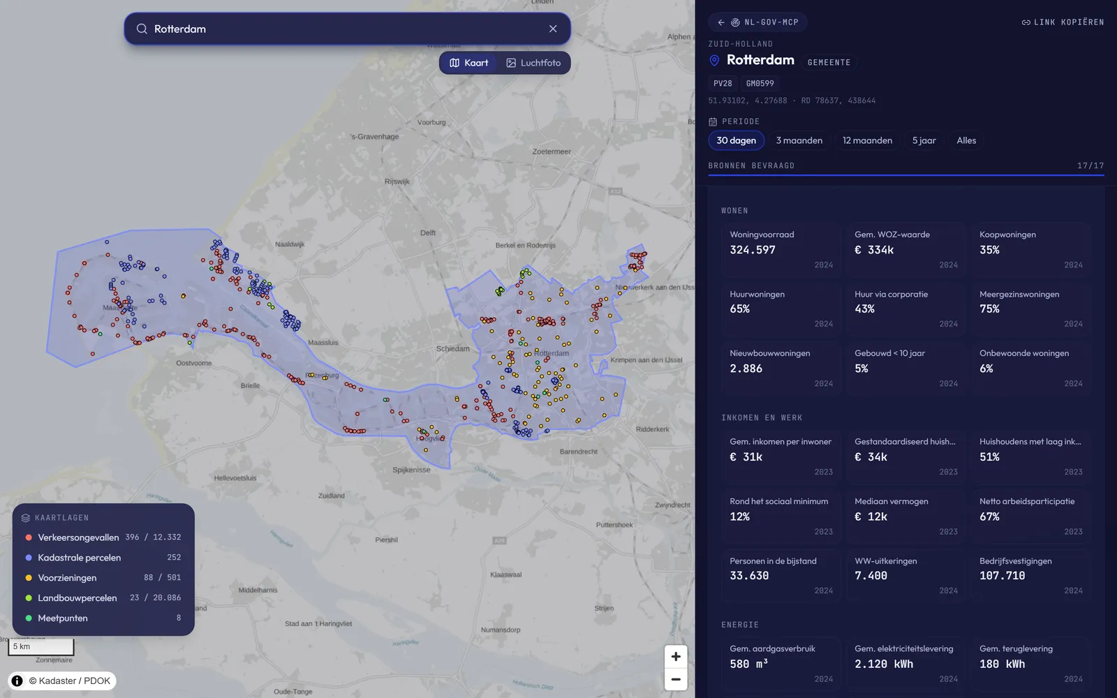Schermafbeelding van de locatiekaart op nlgovmcp.nl voor Rotterdam, met verkeersongevallen, percelen en voorzieningen op de kaart en een gebiedsprofiel met CBS-kerncijfers