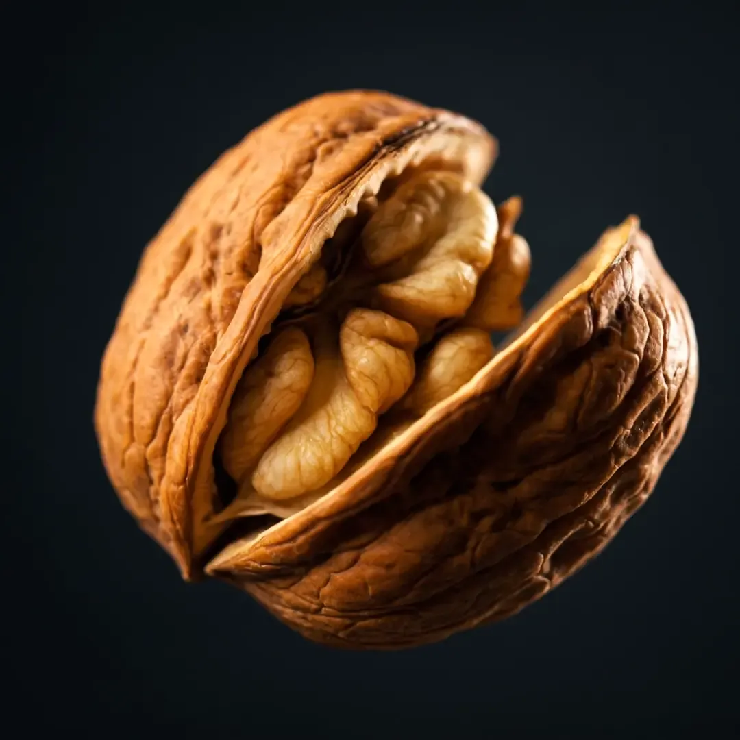 A cracked-open walnut against a dark background, the image of Walnoot 8B